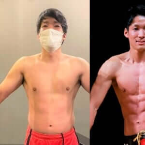 【筋トレ ビフォーアフター】筋トレ開始7カ月で16kg減に成功!笑顔でカッコイイ腹筋見せる